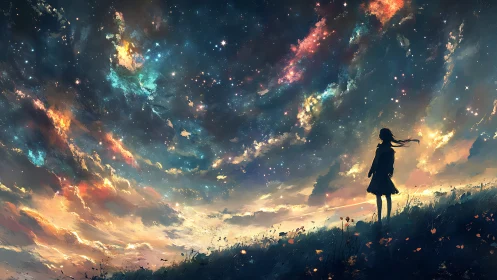 Silhouetted figure under swirling nebula sky at twilight.