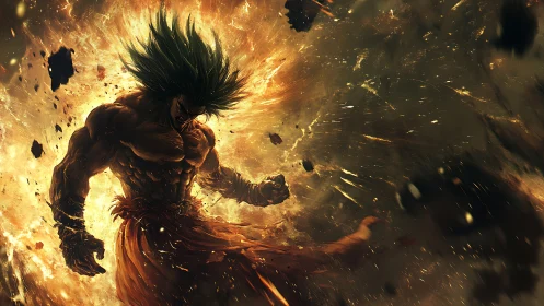 Explosive warrior eruption amid molten cosmic energy storm.