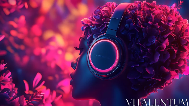 Neon silhouette wearing headphones amid glowing floral halo