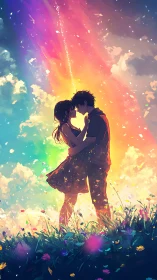 Couple Embracing Under Rainbow Sky With Magical Light