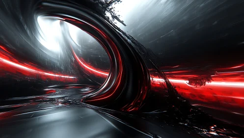 High-gloss toroidal tunnel with red emissive streaks and motion blur