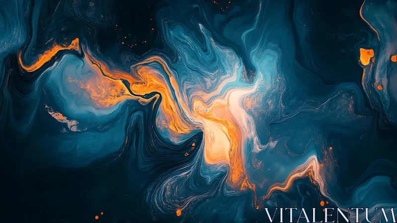 Abstract fluid pattern with teal, blue and orange forms.