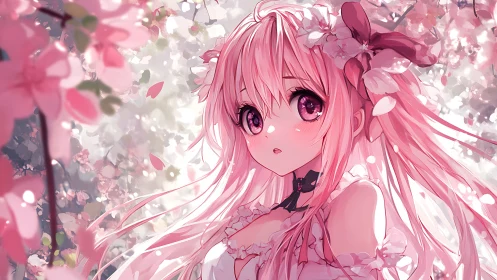 Pink haired anime girl under blooming cherry blossoms.