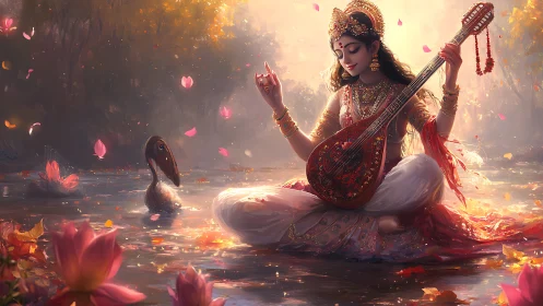 Divine musician on lotus pond amid glowing petals at dusk.