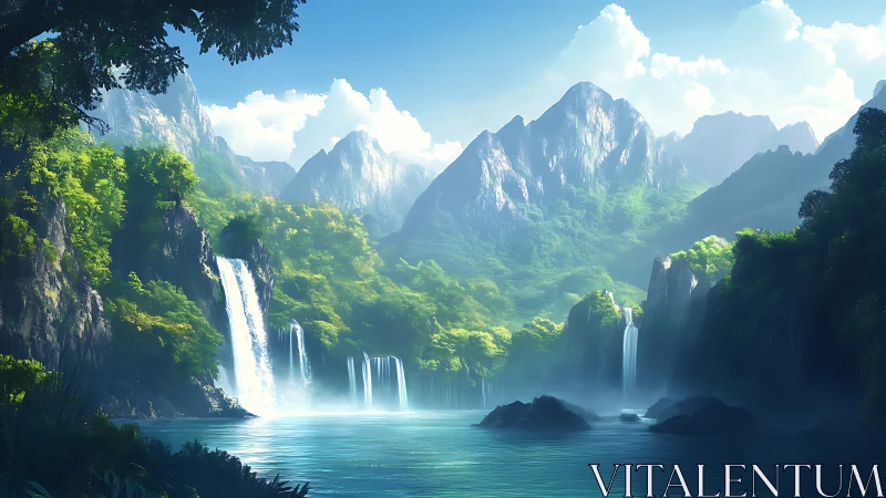 Sunlit waterfalls pouring into a tranquil emerald valley.