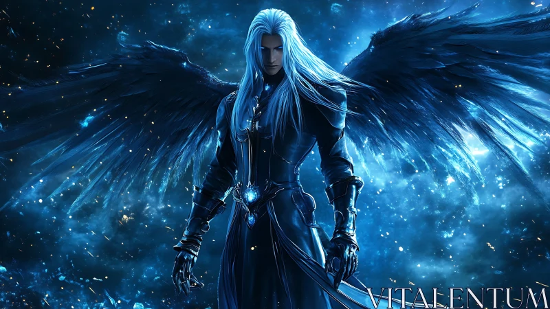 Dark seraph warrior amid luminous cosmic stormscape.