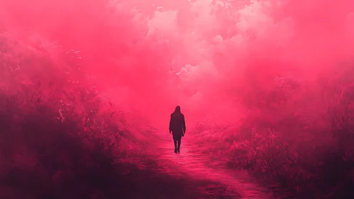 Lone hooded figure walks into glowing crimson dream haze