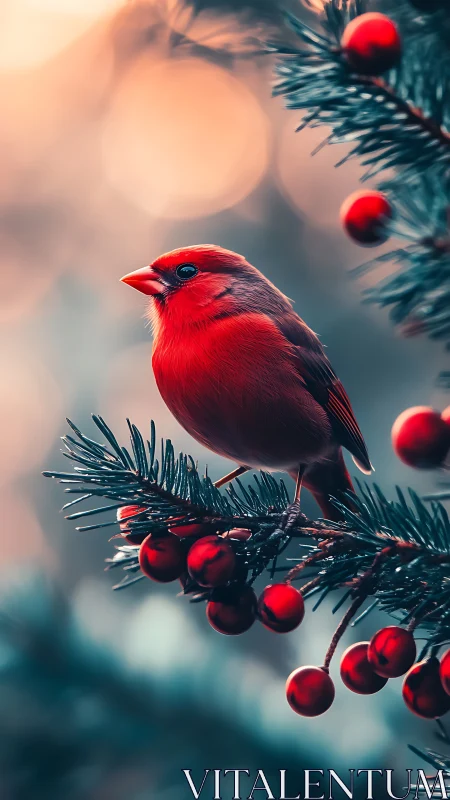 Red songbird on evergreen branch with clustered berries.