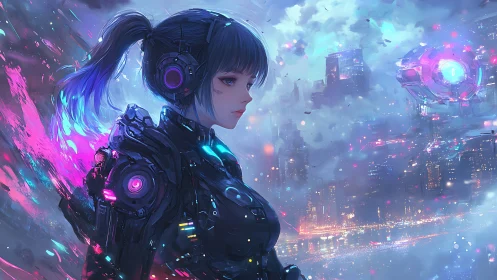 Neon city cybergirl gazing softly toward a glowing future.