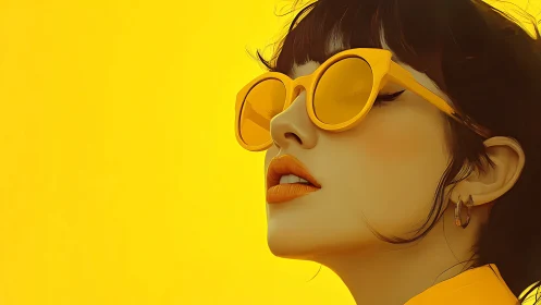 High-key yellow portrait with stylized sunglasses and lipstick.