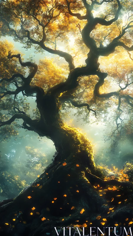 Ancient twisted tree rises through glowing autumn forest light