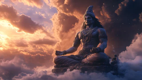 Large meditative deity sculpture in dramatic clouded sky.