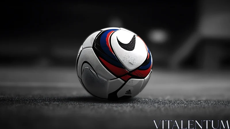 Floodlit soccer ball on textured turf in dramatic focus.