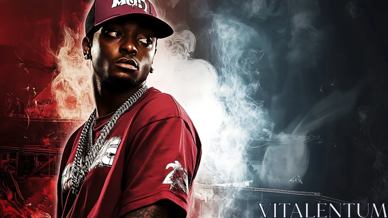 Cool confidence in swirling red and blue urban haze.