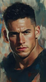 Brooding portrait of a steel-gazed man in brushstroke storms.