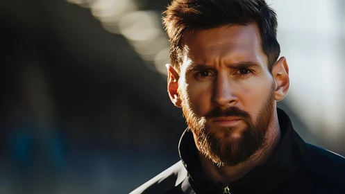 Focused athlete in warm stadium light, ready for action.