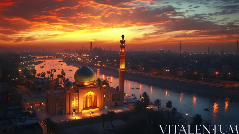 Riverside mosque glows under intense crimson sunset sky.
