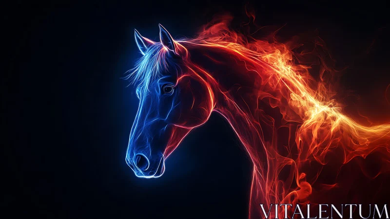 Neon fire horse profile in blue and red light lines.