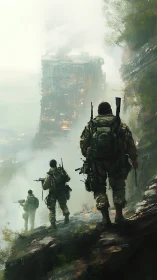 Soldiers descend misty cliffs toward colossal fortress tower.