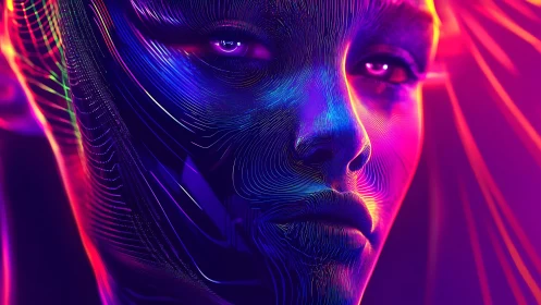 Neon-lit digital portrait of human face with abstract lines.