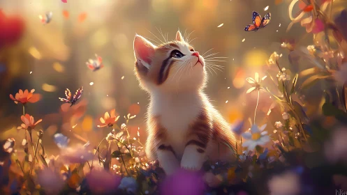 White Kitten Gazing at Butterflies in Warm Floral Garden.