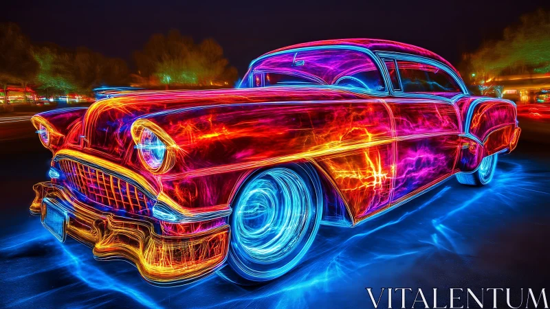 Neon classic car blazes through electric night streetscape.
