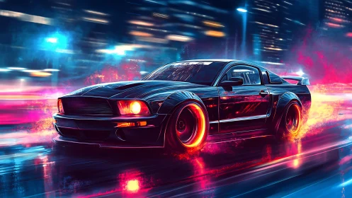 Neon-lit muscle car drifts through wet cyberpunk street at speed