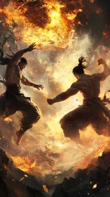 Two martial artists confront each other amid swirling fire