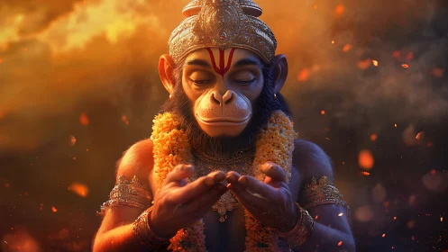 Simian deity figure in ornate attire amid glowing embers.