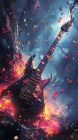Electric guitar rises from flaming forest floor in vivid twilight