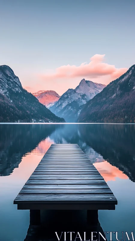 Wooden lakeside pier facing calm mountains at dusk.