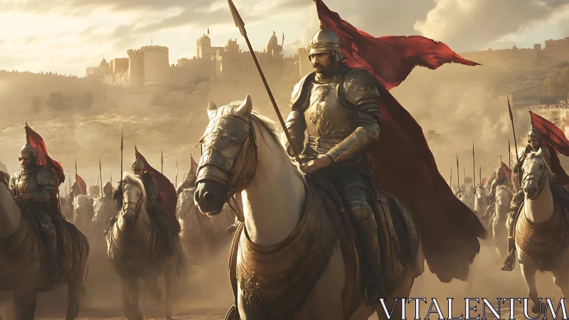 Sunlit cavalry commander leading crimson-bannered charge.
