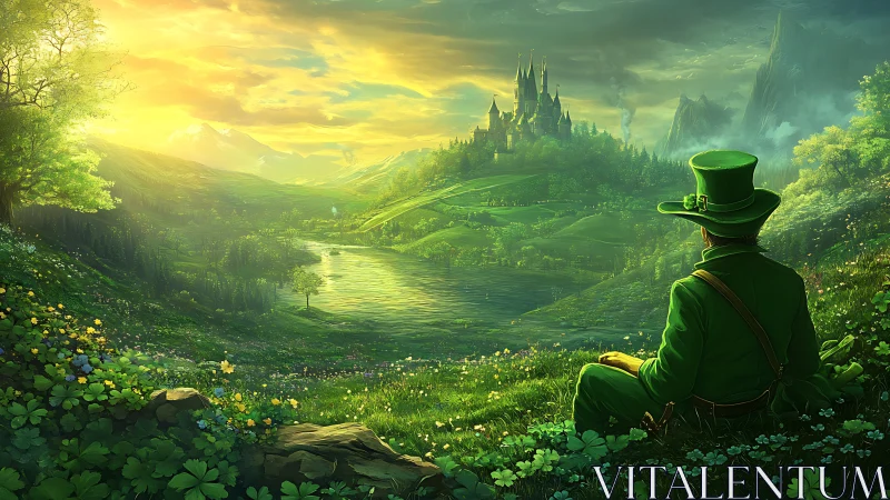 Leprechaun overlooks sunlit emerald valley and distant castle