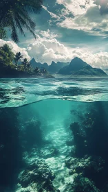 Over-under tropical seascape with reef corridor and volcanic peaks
