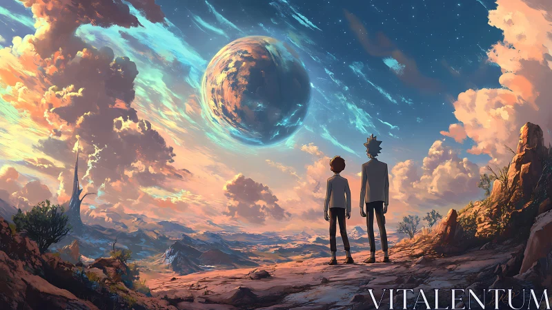 Two figures observe alien sky over vast rocky valley.