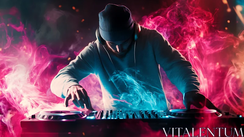 Neon smoke DJ conjures glowing beats in an electric storm.