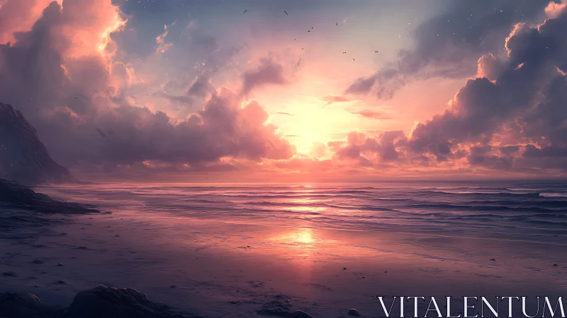 Sunset-lit littoral panorama renders atmospheric depth and calm