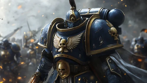 Armored space warrior advances through burning battlefield.