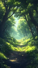 Atmospheric forest corridor rendered with volumetric light and dense foliage.