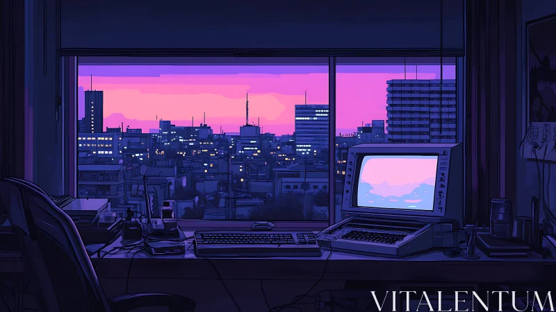 Retro workstation at dusk overlooking neon-lit cityscape