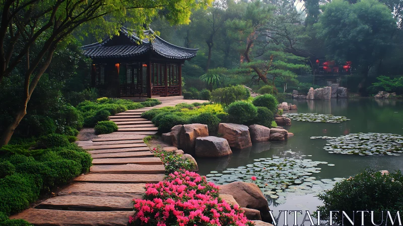 Tranquil garden pavilion invites a peaceful, lingering pause