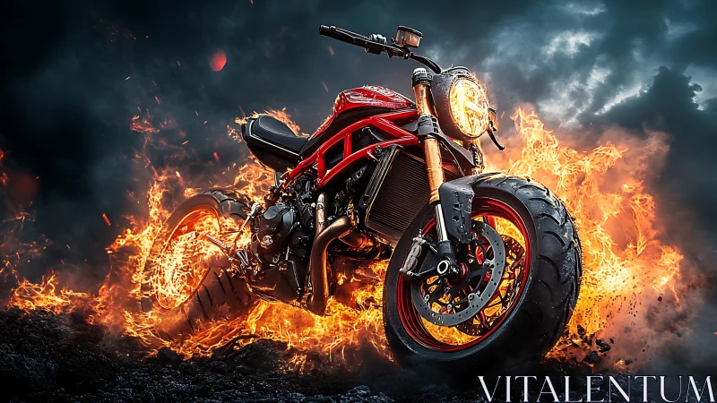 Flaming red sport motorcycle charging through firestorm.
