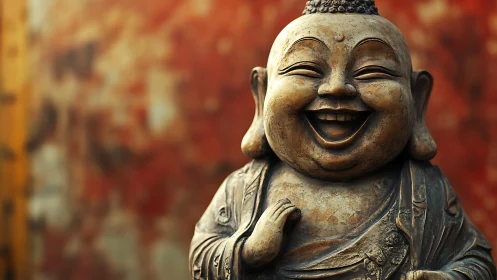 Laughing Buddha statue radiates joy against warm bokeh wall