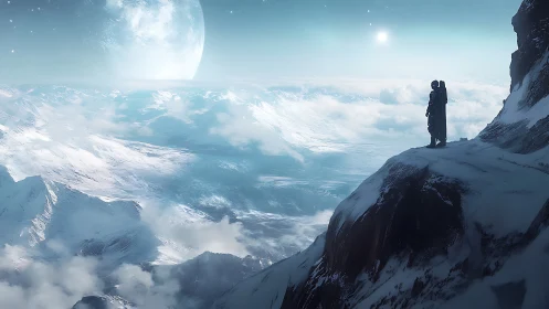 Astronaut silhouettes survey icy exoplanet from cliff edge