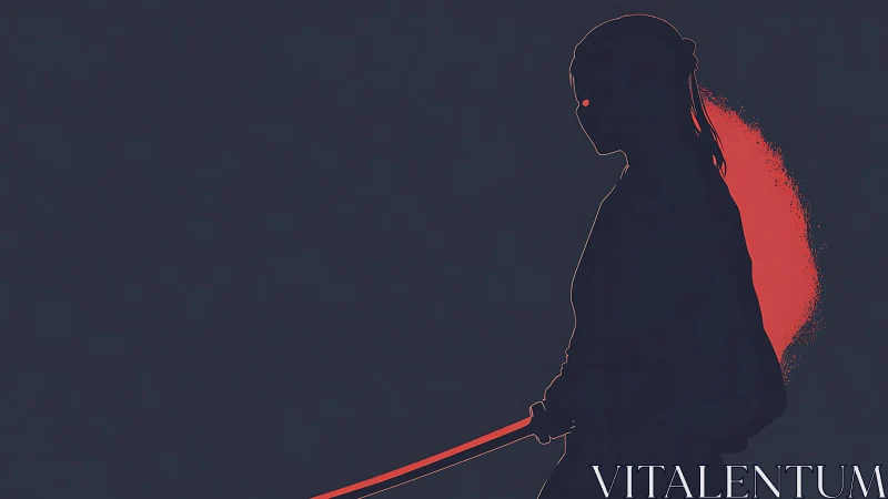 Backlit katana wielder silhouette in minimalist red glow