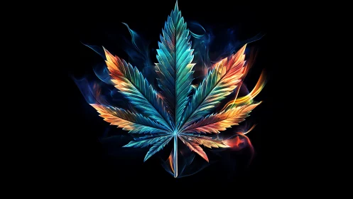 Colorful cannabis leaf rendered in vivid digital flames.
