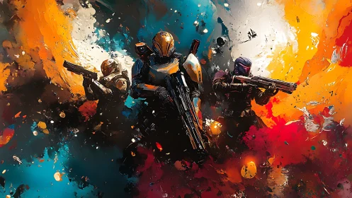 Armored sci fi soldiers advance through explosive chromatic nebulae