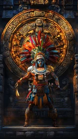 Mesoamerican warrior king stands before glowing sun stone