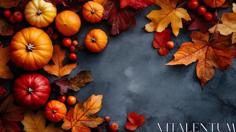 Colorful pumpkins frame dark autumn background surface