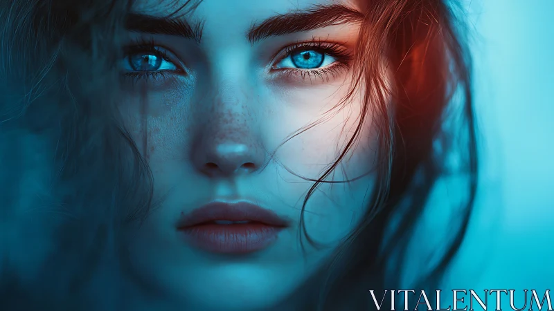 Digital close-up portrait of blue-eyed woman in cool light.